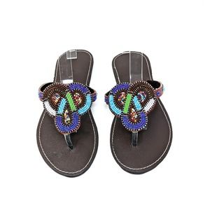 African Beaded Womens 10 Thong Sandals Leather Slides Blue Green Brown Handmade